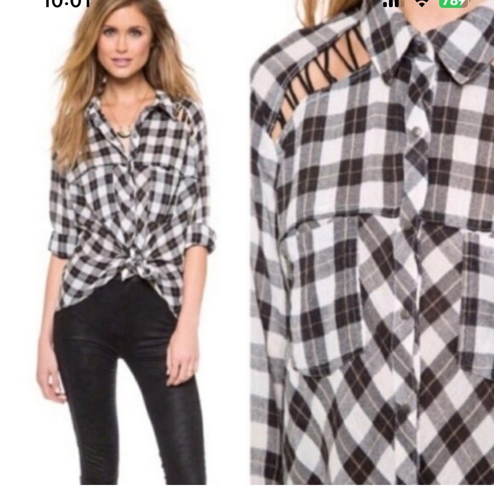 Free People Gauzy Plaid Lace Up Shoulder Snap Top